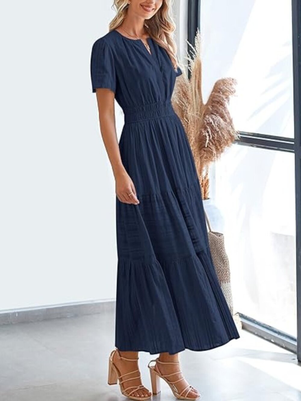 Women's Navy 100%Cotton V Neck Elastic Waist Boho Beach Casual MIDI Dresses